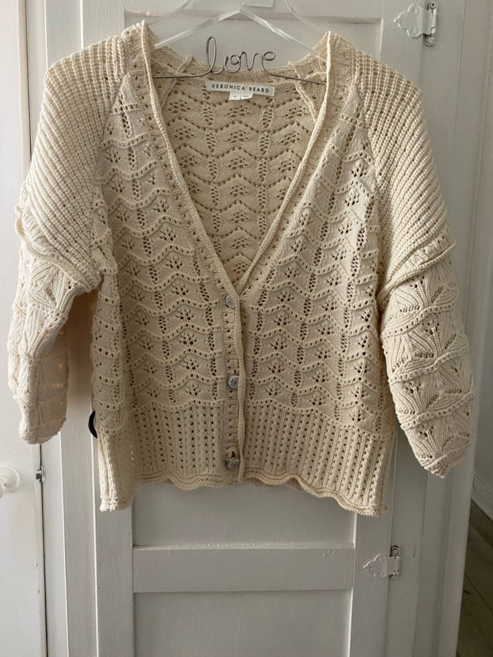 Veronica Beard Cream Openwork Knit Cardigan Sweater